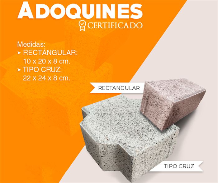 Ficha de adoquines certificados: rectangular 10 × 20 × 8 cm y tipo cruz 22 × 24 × 8 cm